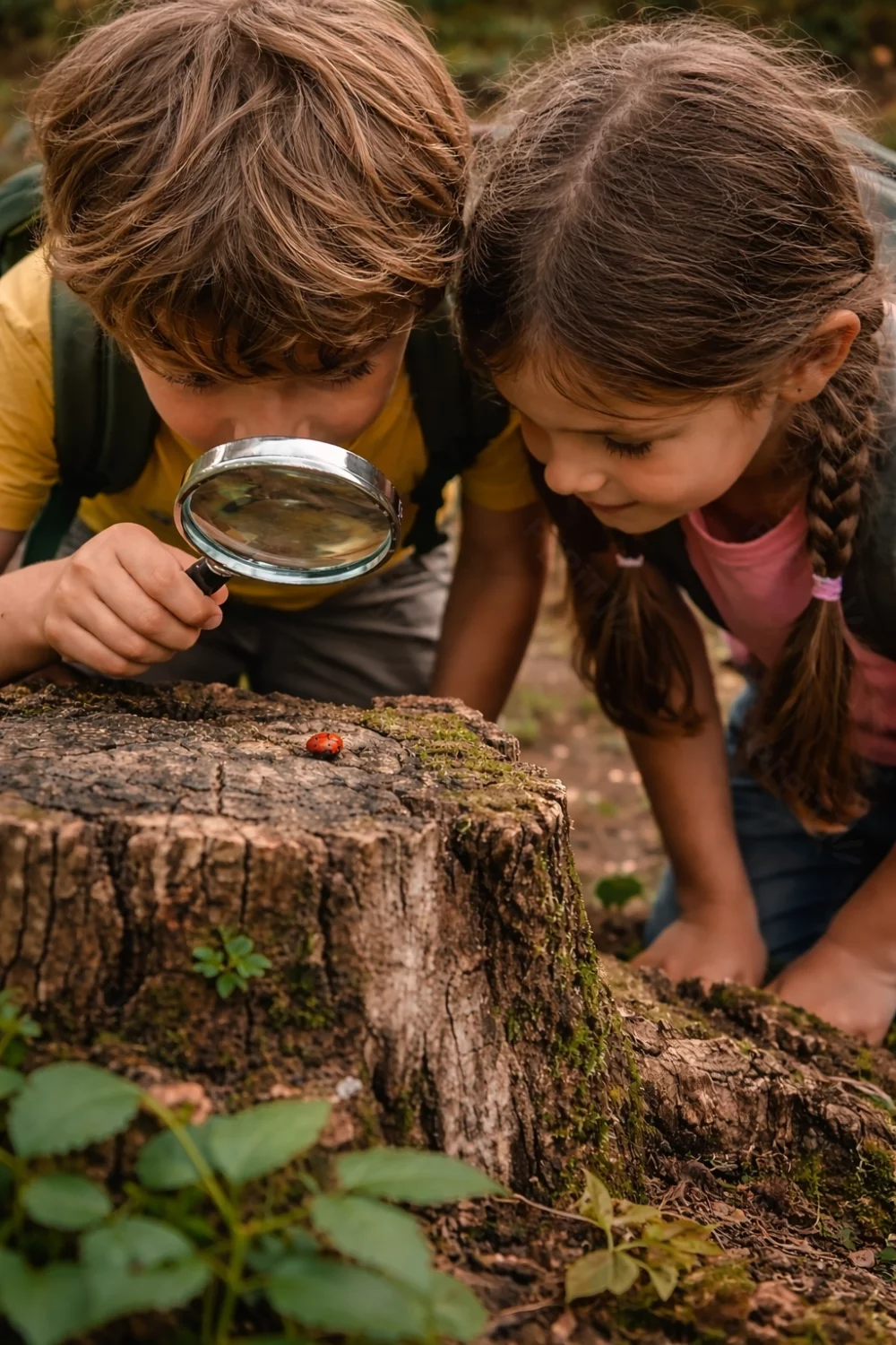 Enfants observant la nature avec une loupe